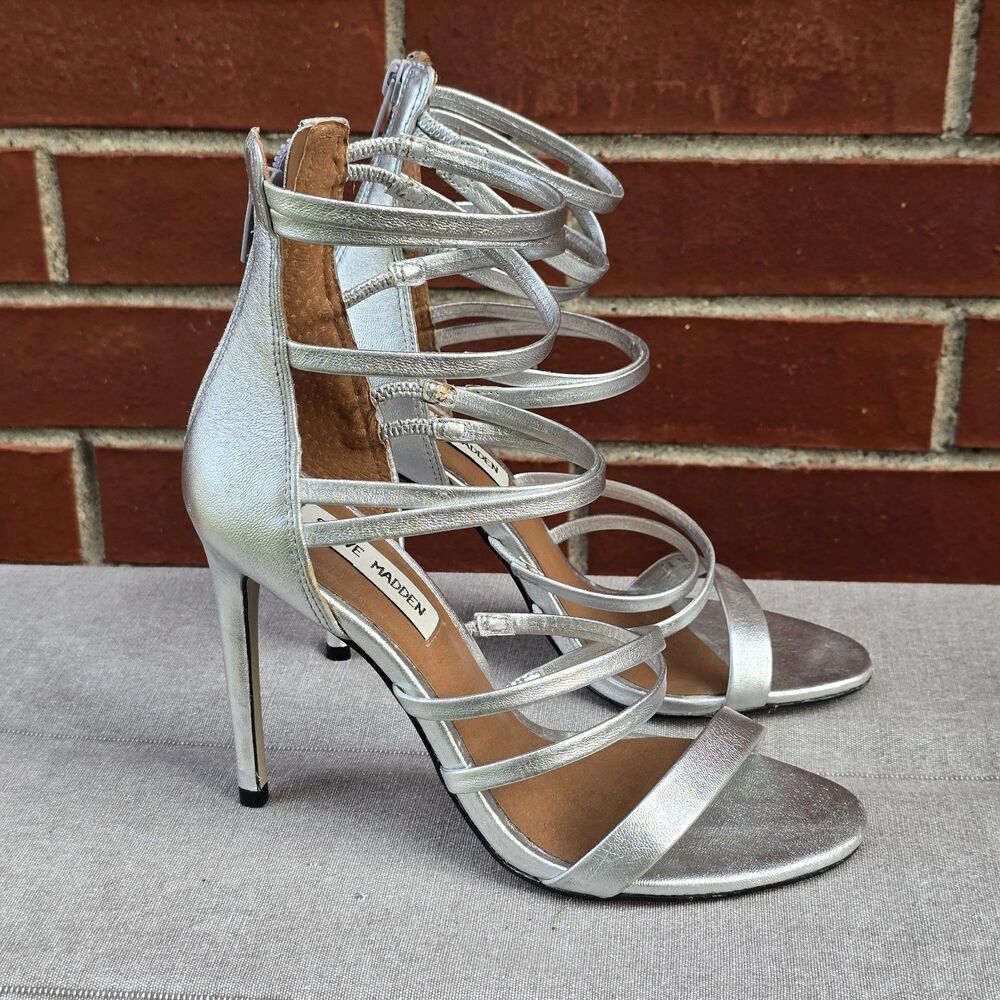 Steve Madden Womens TIERNEY Strappy Leather Silver Heels 4" Size 7M